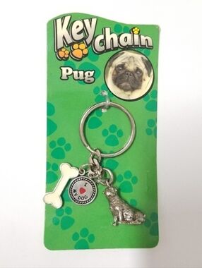 PUG 3 Charm "I Love My Dog" Metal & Enamel Key Chain  NWT